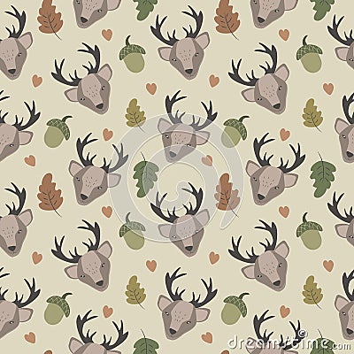 Seamless pattern with cute deers, autumn leaves and acorns Vector Illustration